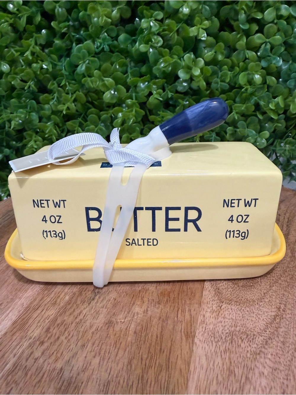 DWELL Butter Salted Ceramic NWT Butter Dish with knife perched on top